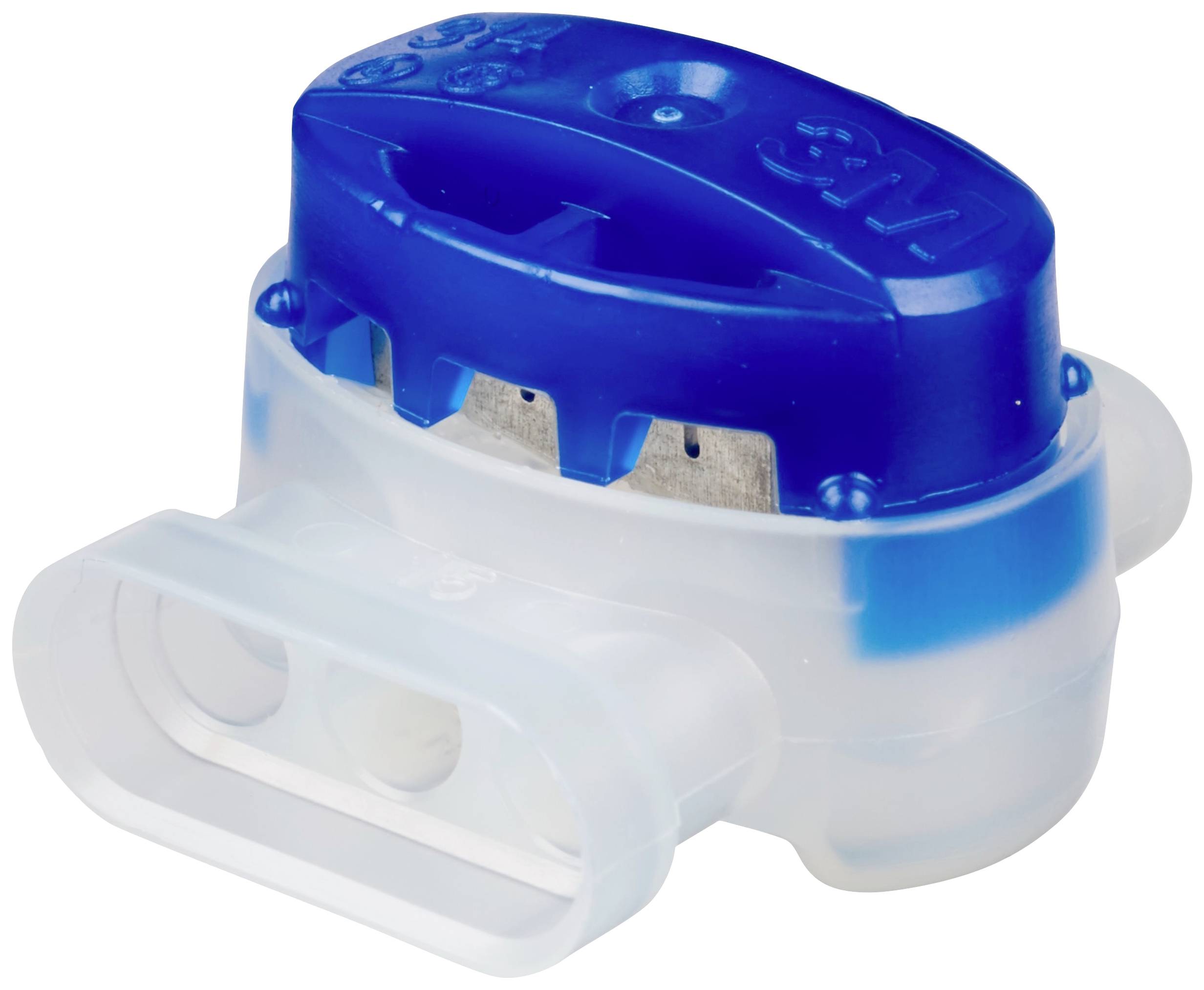 Un connettore per cavi Scotchlok blu di 3M con involucro in plastica trasparente, utilizzato per collegare in modo sicuro i cavi elettrici.