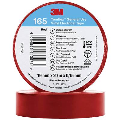 Rotolo di nastro isolante elettrico rosso con etichetta: '3M Temflex 165', versatile, 19 mm x 20 m x 0,15 mm, autoestinguente.
