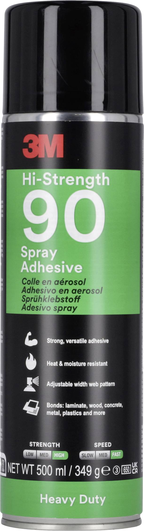 Bomboletta spray di colla con la scritta 'Industrial Grade 3M Hi-Strength 90'. Descrizioni in inglese e spagnolo sulla resistenza adesiva e la resistenza alla temperatura.