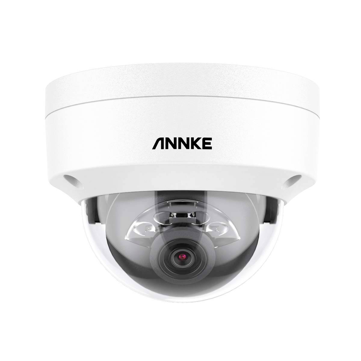 Telecamera di sorveglianza in custodia bianca, marca ANNKE. Ha una lente a cupola ed è progettata per scopi di sicurezza.
