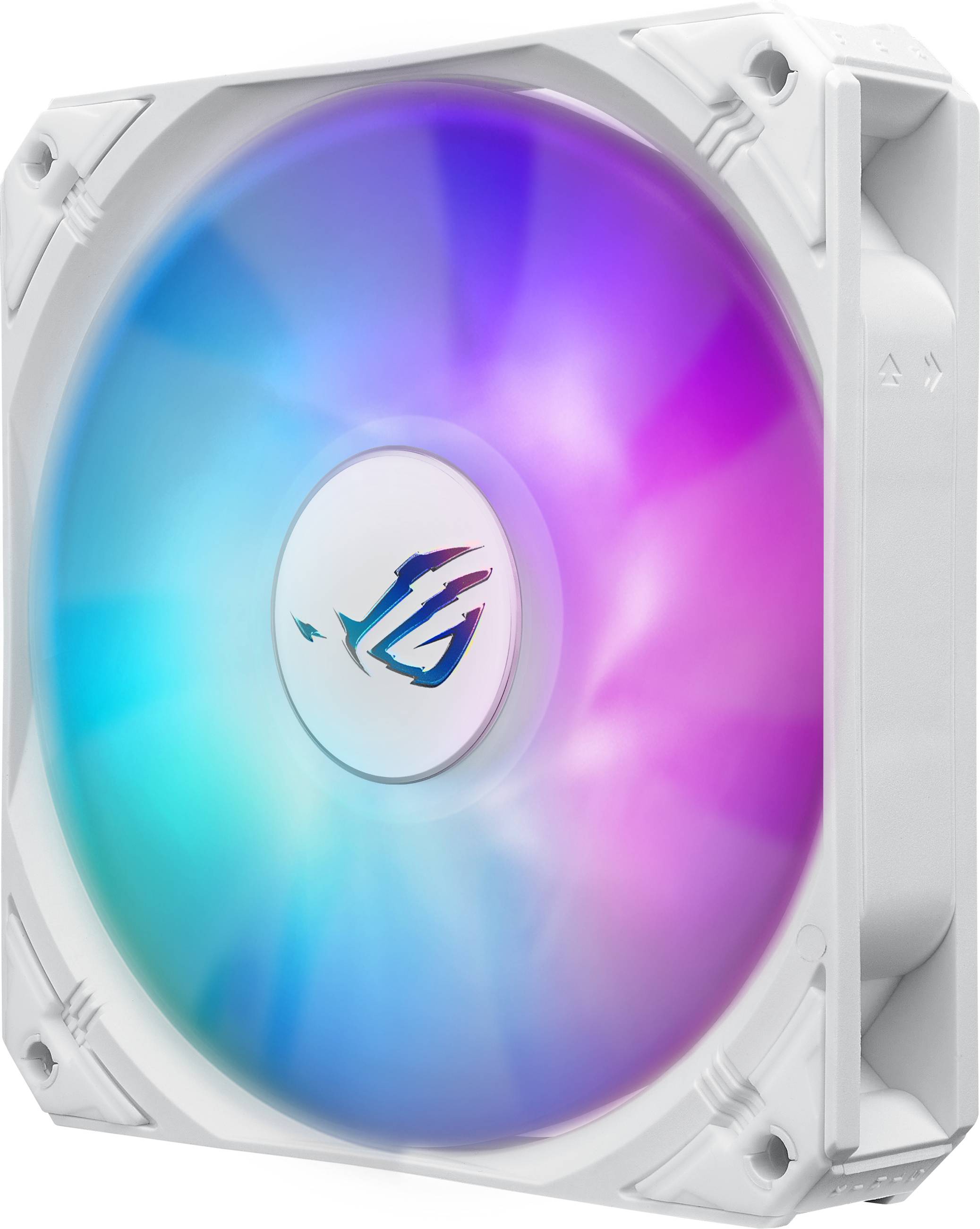 Ventola per computer con illuminazione RGB che si illumina in diversi colori. Involucro in bianco, logo distintivo al centro.