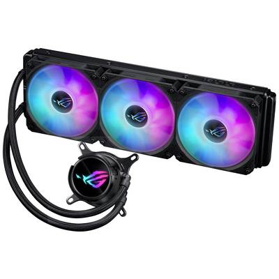 Un sistema di raffreddamento a liquido per computer con tre ventole illuminate RGB e un dissipatore di calore circolare con un logo illuminato.