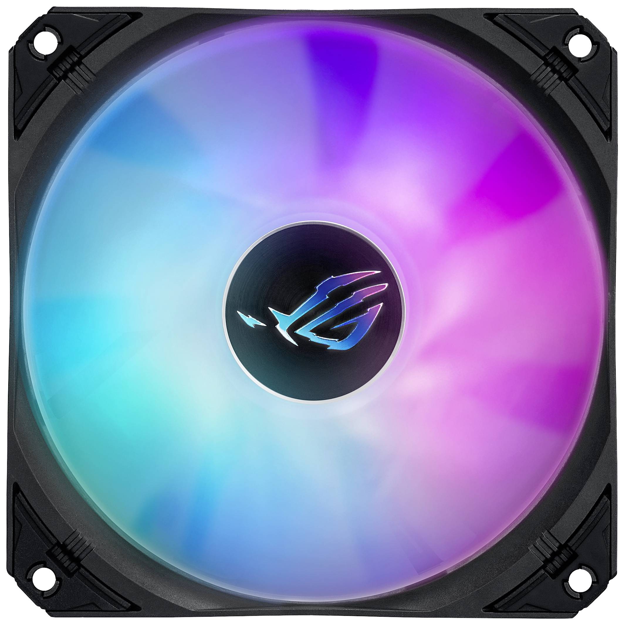 Un ventilatore LED per computer con colori arcobaleno illumina con blu, turchese, rosa e viola.
