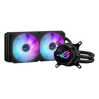 Un sistema di raffreddamento a liquido per computer con due ventole luminose nei colori dell'arcobaleno e una pompa rotonda con logo del marchio.