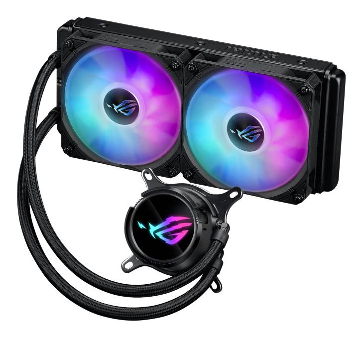 Due ventole di raffreddamento per computer con illuminazione RGB e relativa pompa; progettate per il raffreddamento a liquido, con logo ASUS ROG.
