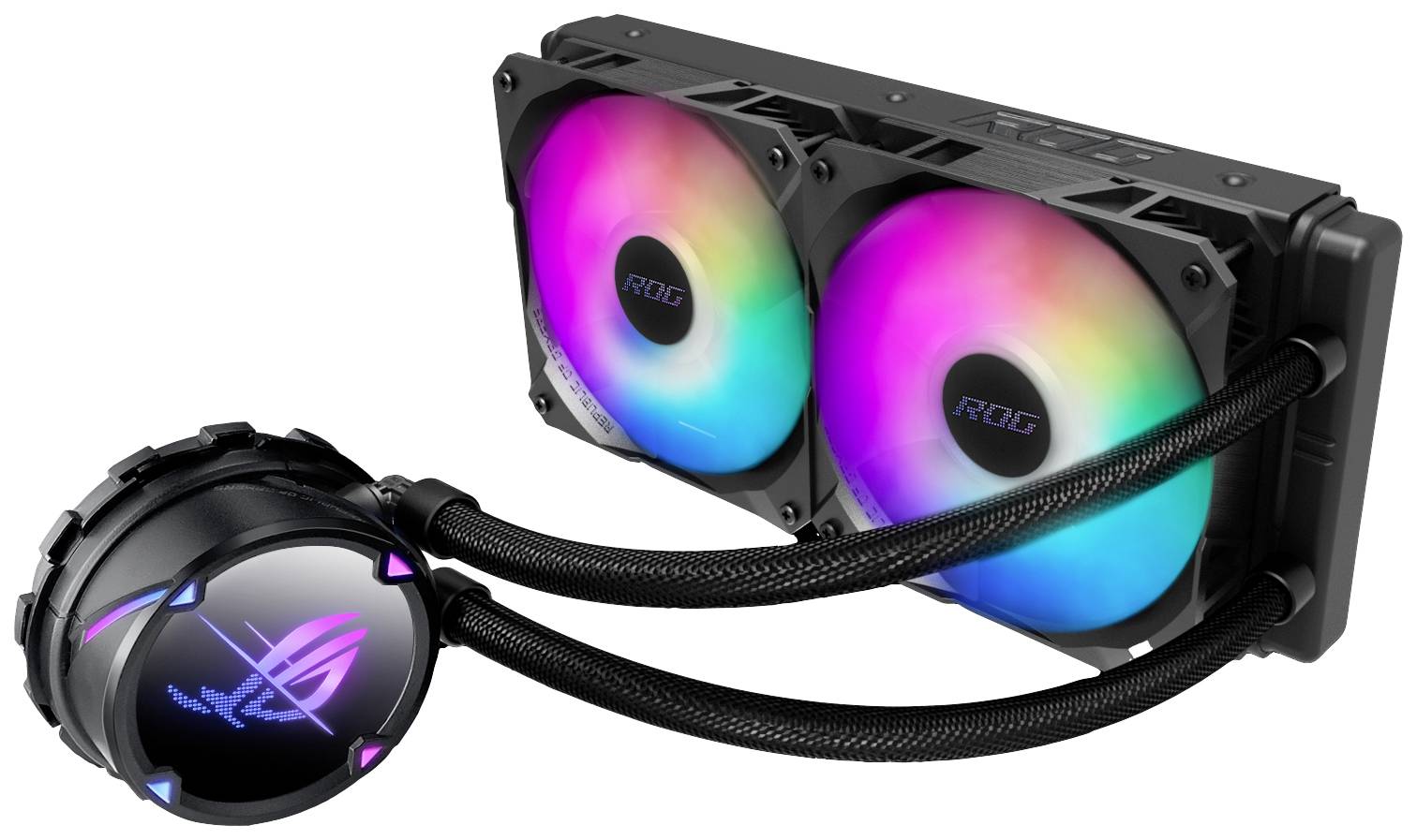 Sistema di raffreddamento a liquido per computer con due ventole RGB illuminate e pompa, adatto per PC da gaming.