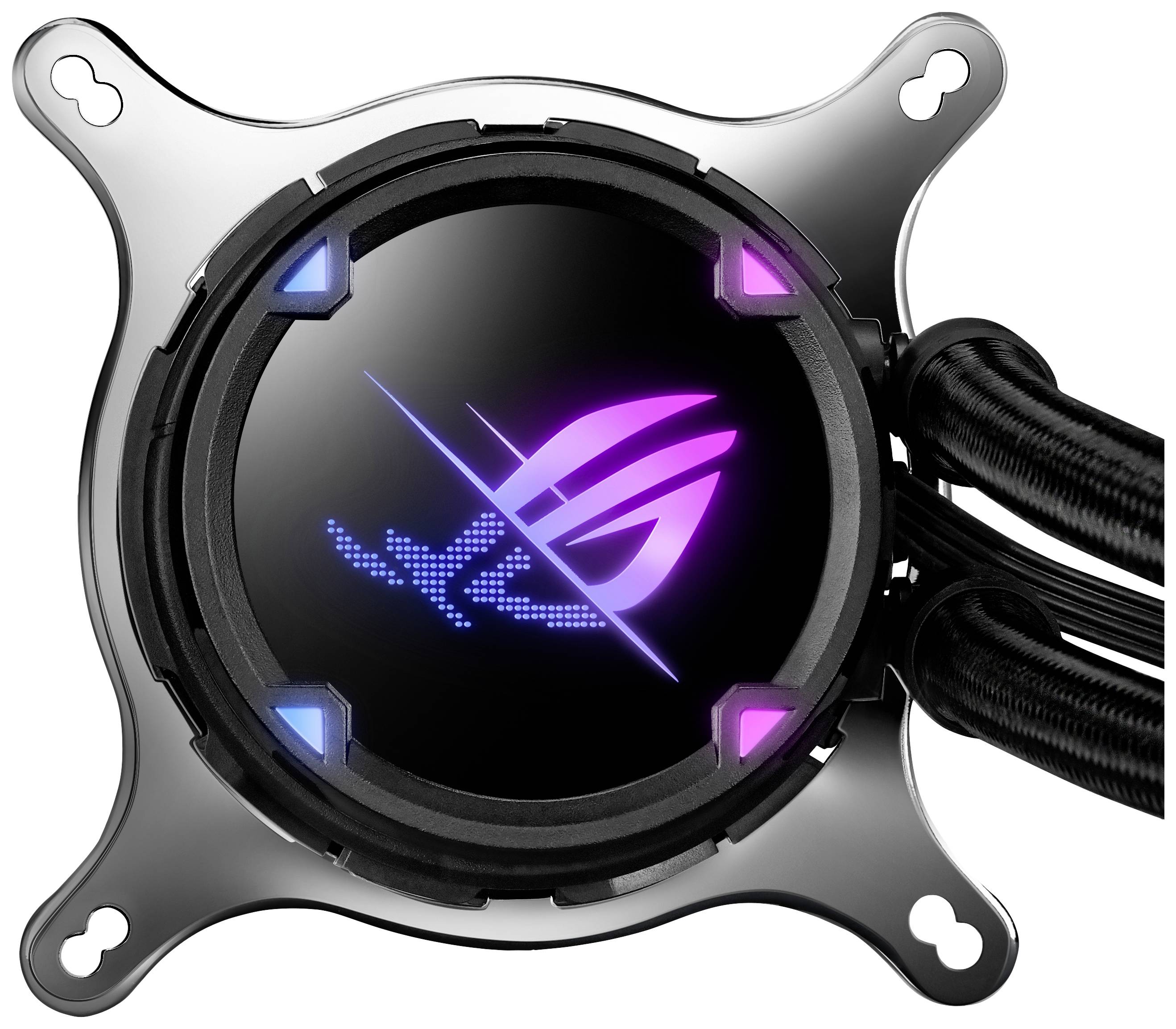 Un'unità di raffreddamento a liquido per CPU completamente chiusa con logo illuminato, circondata da quattro staffe e diversi tubi neri.