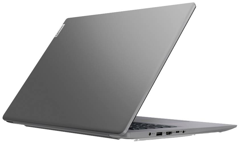 Un laptop grigio con il coperchio leggermente aperto, schermo non visibile. Porte e connessioni sul lato destro ben riconoscibili.