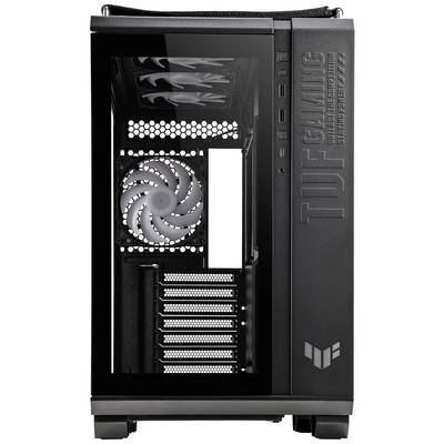 Case per PC con finestra laterale, ventola illuminata e logo TUF Gaming. Mostra gli slot di espansione e le porte frontali.