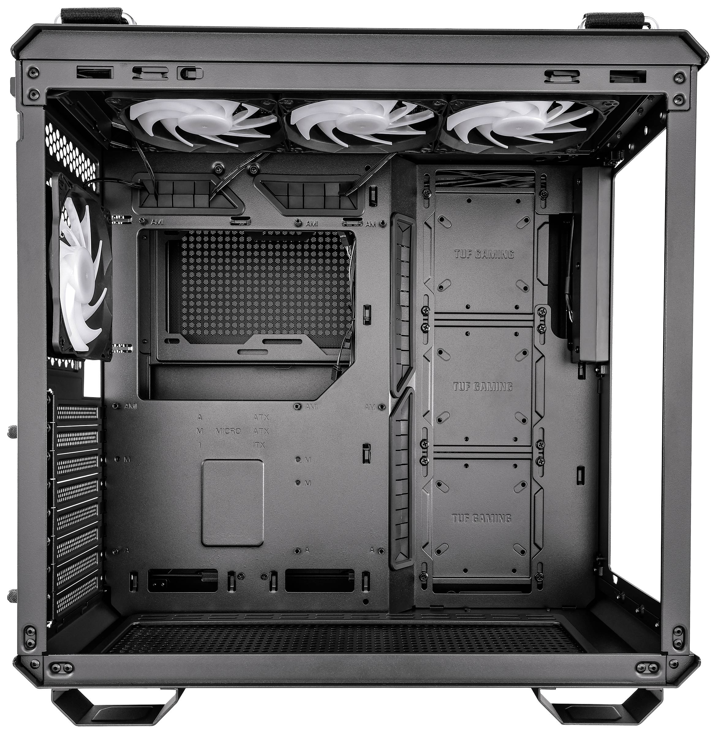 Case nero per computer visto dall'interno, mostra lo spazio per la scheda madre e i ventilatori, privo di hardware installato, offre numerose opzioni di espansione.