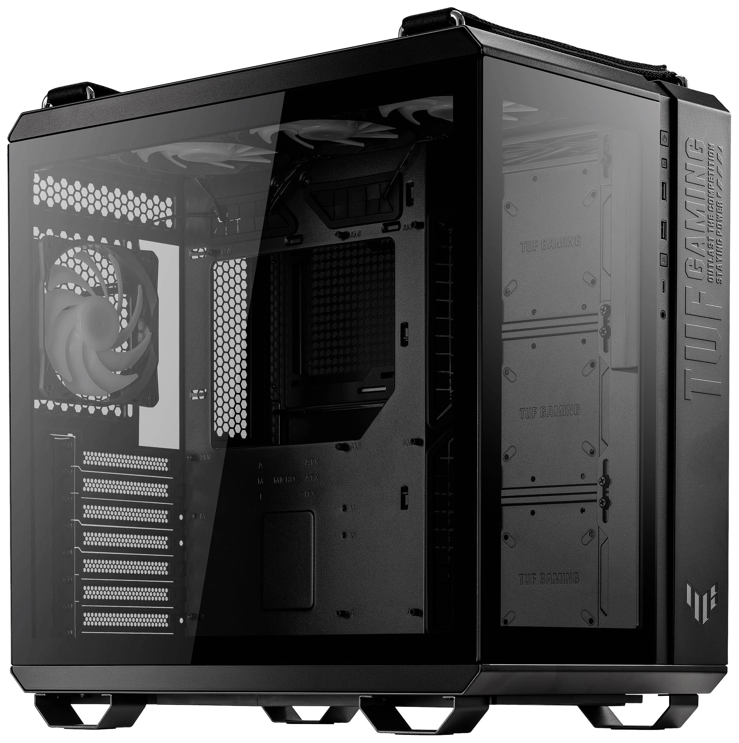 Custodia per PC da gaming nera con finestra laterale trasparente. All'interno sono visibili ventole e struttura del case.