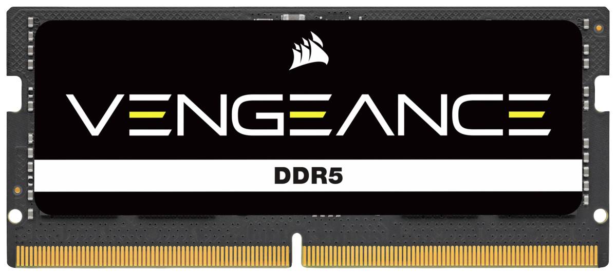 Una scheda di memoria RAM Corsair Vengeance DDR5 con design nero e accento giallo.