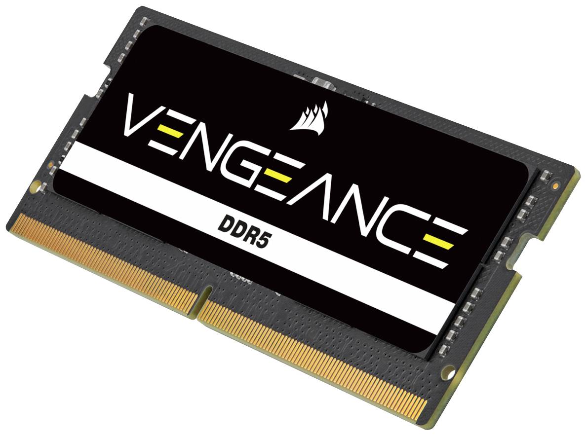 Modulo RAM Vengeance DDR5 su sfondo nero, con accenti gialli e bianchi.