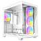 Case per PC in vetro con più ventole RGB che brillano nei colori dell'arcobaleno. Il design è moderno e aperto per il montaggio dei componenti.