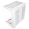 Un case per computer bianco con pannello laterale trasparente e illuminazione RGB colorata all'interno. Ideale per setup da gaming.