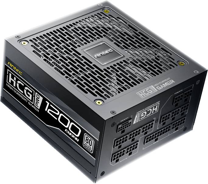Alimentatore PC nero con scritta 'HCG Gold 1200' e multiple opzioni di connessione. Nome del marchio sulla parte superiore.