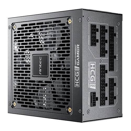 Alimentatore nero per PC di Antec, modello HCG Pro. Il lato anteriore mostra la griglia del ventilatore, quello posteriore le porte di connessione per i cavi.