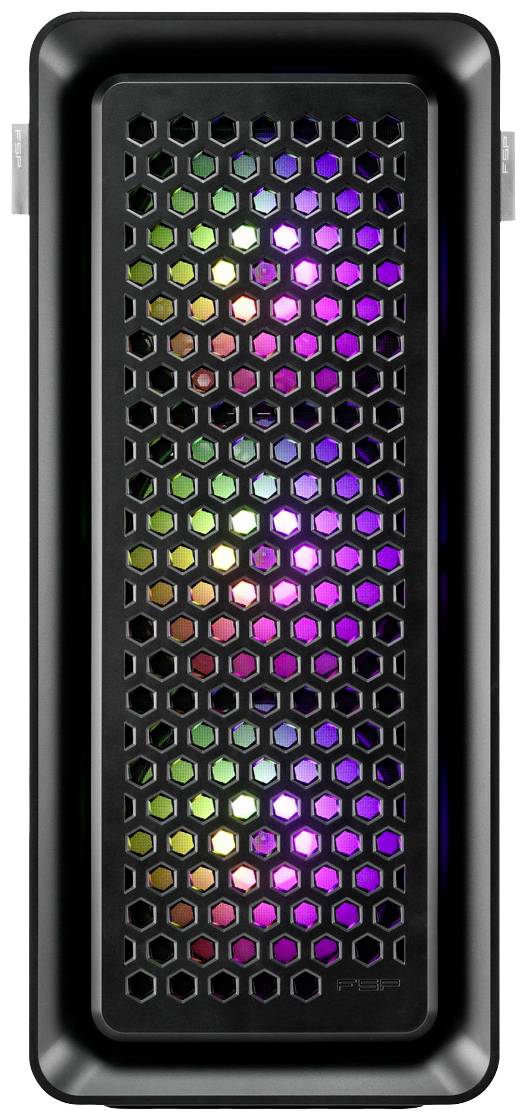 Custodia per computer nera con motivo a nido d'ape e LED multicolori che brillano attraverso le griglie.