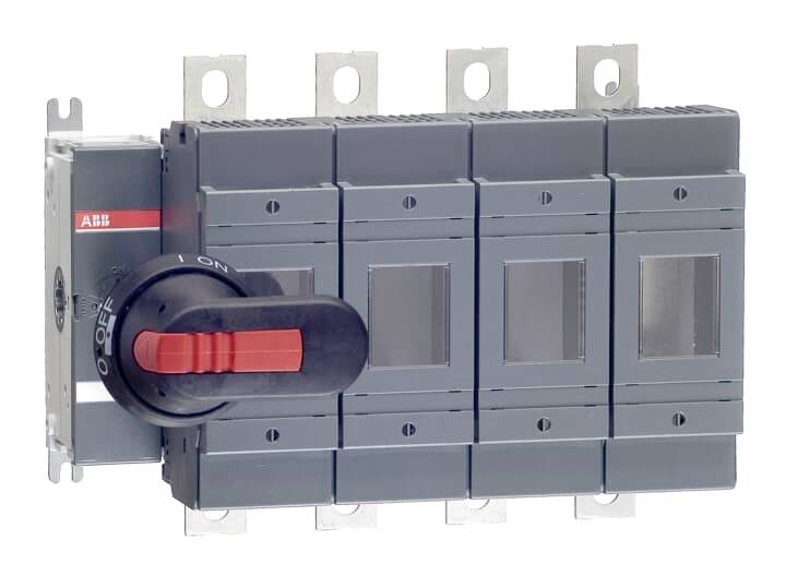 Un interruttore di potenza modulare grigio con maniglia rossa in posizione 'Spento' e gradi contrassegnati di 'Acceso' e 'Spento'.