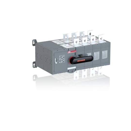 Un interruttore elettrico di forma rettangolare con più connessioni e impugnatura rossa, montato su una piastra metallica.
