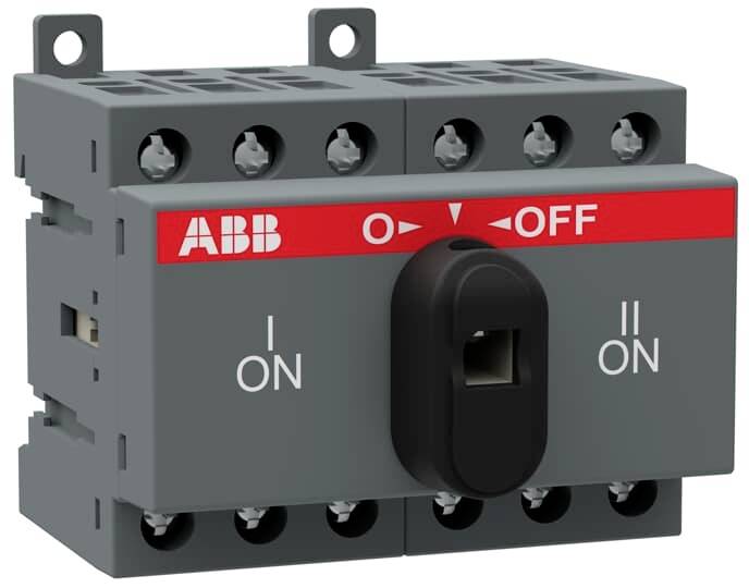 Un interruttore principale elettrico ABB con due posizioni di commutazione 'I' e 'II' per 'ON' e 'OFF' al centro, con colorazione grigio-rossa.
