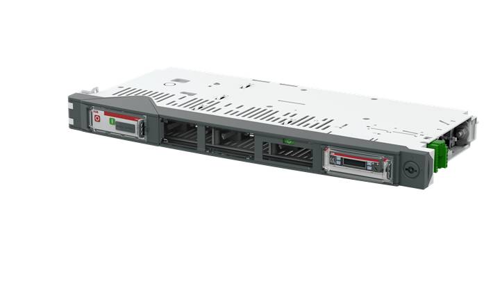 Un modulo server per computer con due vani per dischi rigidi, alloggiamento in metallo e feritoie di ventilazione, idoneo per l'installazione in un rack.