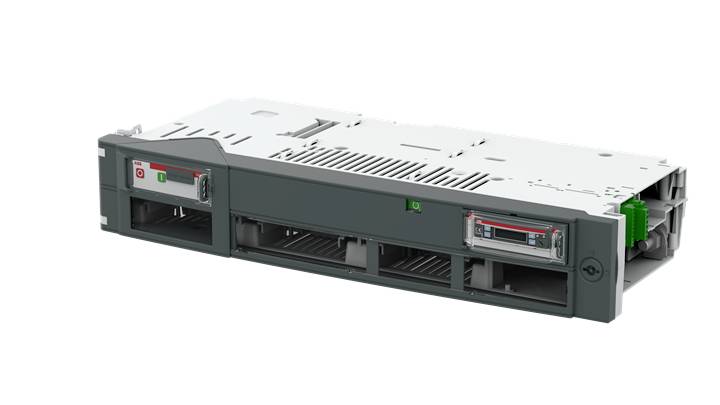 Un modulo server grigio, rettangolare, con diversi connettori e fessure di ventilazione, posizionato su una superficie di sfondo bianca.