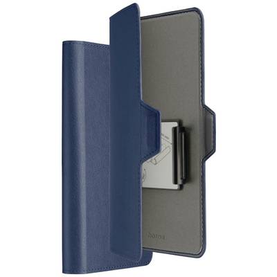 Custodia blu in pelle per un dispositivo elettronico, leggermente aperta. All'interno con fodera grigia e supporto per una penna.