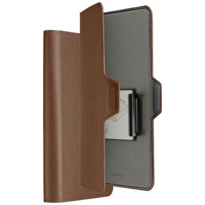 Custodia marrone per smartphone in pelle con supporto interno, parzialmente aperta.