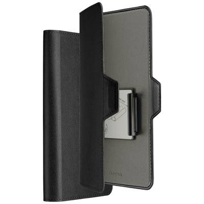 Custodia per smartphone nera in pelle, parzialmente aperta. Mostra la vista interna con scomparto per carte.