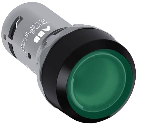 Pulsante verde con bordo nero, idoneo per applicazioni di controllo industriale. Marcatura 'ABB' sul lato.