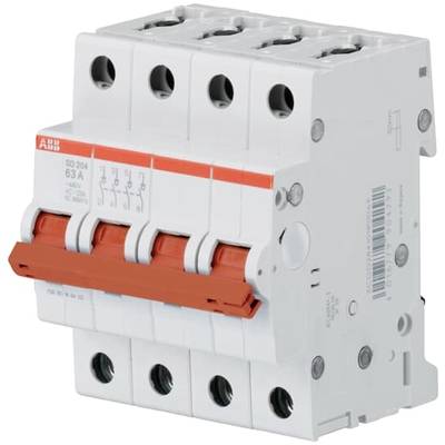 Un interruttore di protezione ABB a tre o quattro poli con leva di comando rossa. Adatto per 63A, numero modello S203.