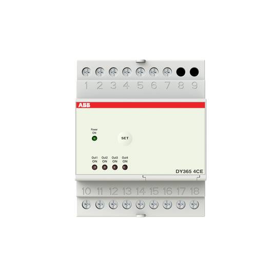 Un dispositivo ABB con più morsetti di connessione e spie LED per 'Power On' e 'Set'. Numero modello: DY365 4CE.