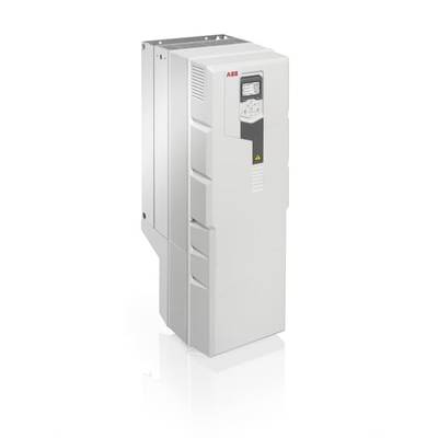 Armadio elettrico grigio di ABB con display di controllo integrato e un simbolo di avvertenza.