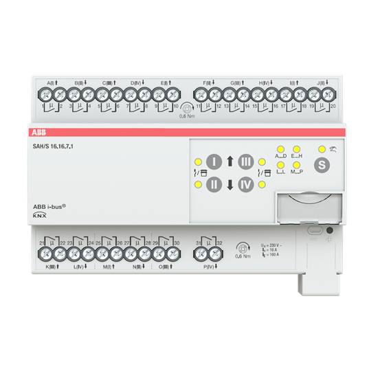 Un attuatore di commutazione per sistemi KNX con più canali e indicatori. I collegamenti sono visibili in alto, con il nome del produttore stampato.