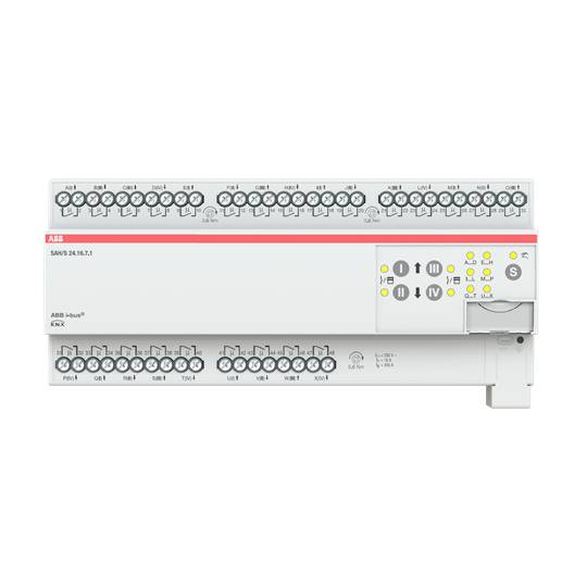 Attuatore KNX del marchio ABB con multiple connessioni e indicatori LED di stato, utilizzato per il controllo di dispositivi elettrici nell'automazione degli edifici.