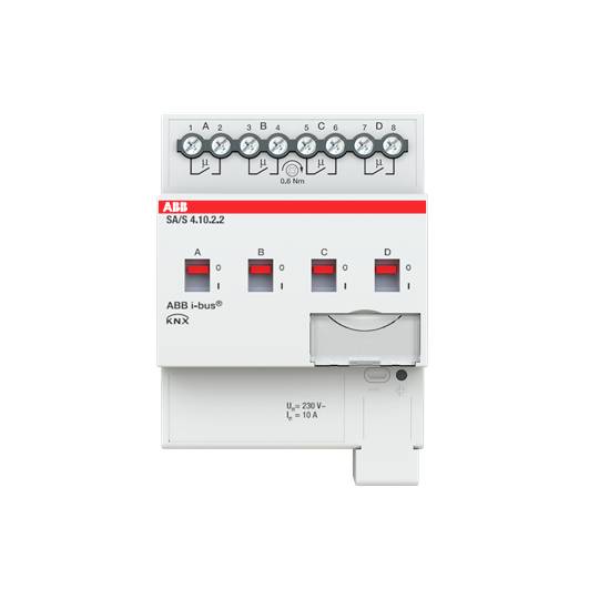 Un dispositivo elettronico di commutazione ABB denominato 'ABB i-bus KNX', composto da quattro circuiti, idoneo per 230V, 10A.