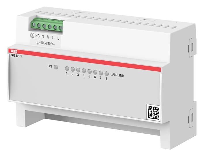 Un dispositivo elettrico bianco su guida DIN con diversi morsetti di connessione in alto e una serie di spie luminose e tasti sulla parte frontale.