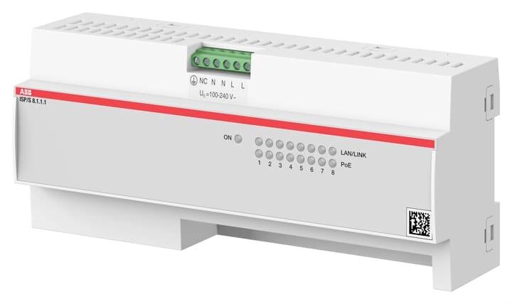 Un dispositivo elettrico bianco, rettangolare, con indicatori LED e connessioni sulla parte superiore, adatto per applicazioni industriali.