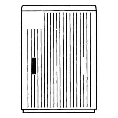 Un semplice disegno in bianco e nero di un frigorifero con linee verticali sulla porta e una maniglia a sinistra.