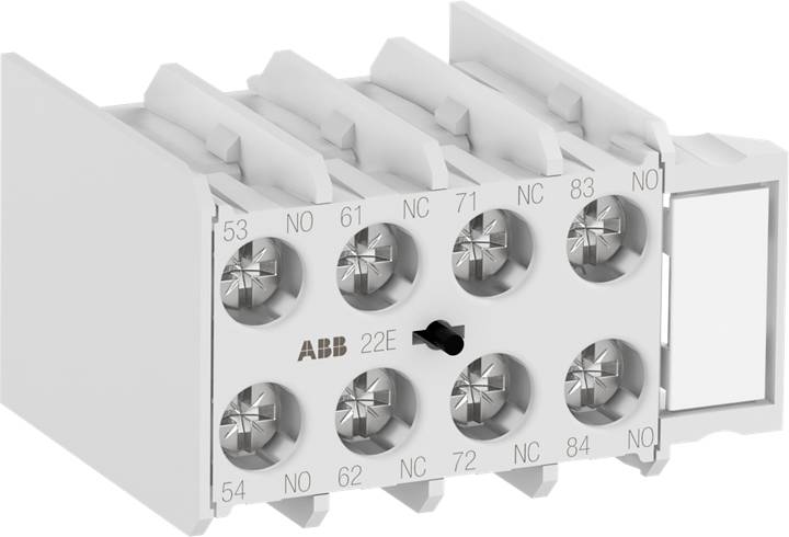 Modulo elettrico di connessione bianco, rettangolare, con diversi morsetti numerati a vite e le scritte 'ABB' e '22E'.