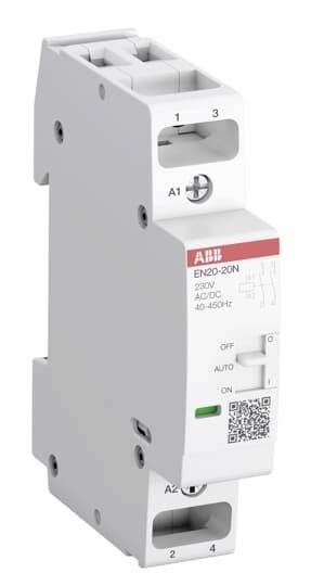 'ABB EN20-20N Modulo, 230V, 40-450Hz'. Modulo di commutazione bianco con codice QR, spie di controllo e posizioni dell'interruttore 'OFF', 'AUTO', 'ON'.