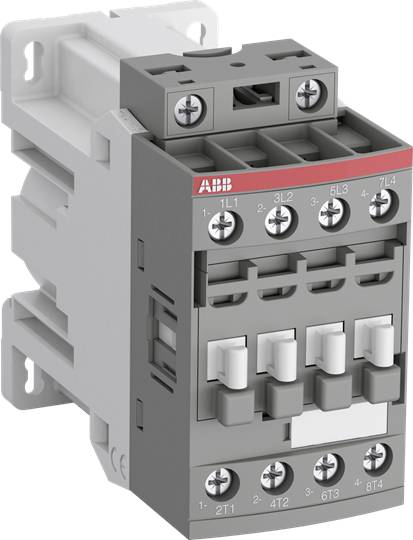 Un contattore grigio ABB con dettagli rossi e bianchi. Ha diversi punti di fissaggio a vite ed è progettato per l'utilizzo in circuiti elettrici.