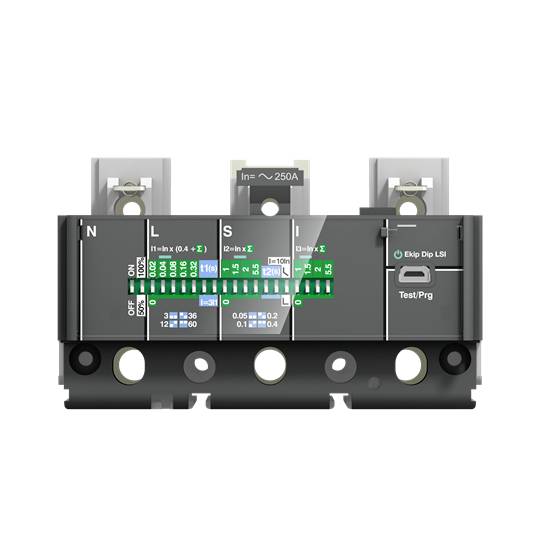 Interruttore elettrico con interruttori a levetta e indicatori LED, che mostra diversi valori di tensione. L'interruttore principale è su "OFF".