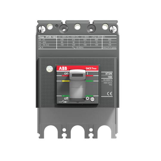 Interruttore industriale con etichetta 'ABB SACE Tmax XT2N'. Design a tre strati, interruttore centrale con posizioni 'on' e 'off'.
