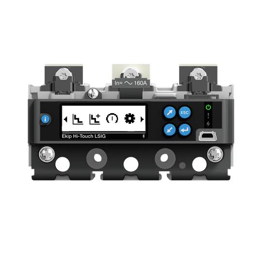 Dispositivo elettrico di controllo con display che mostra diversi simboli di menu e tasti di comando. La parte superiore ha tre morsetti di connessione, corrente nominale 160A.