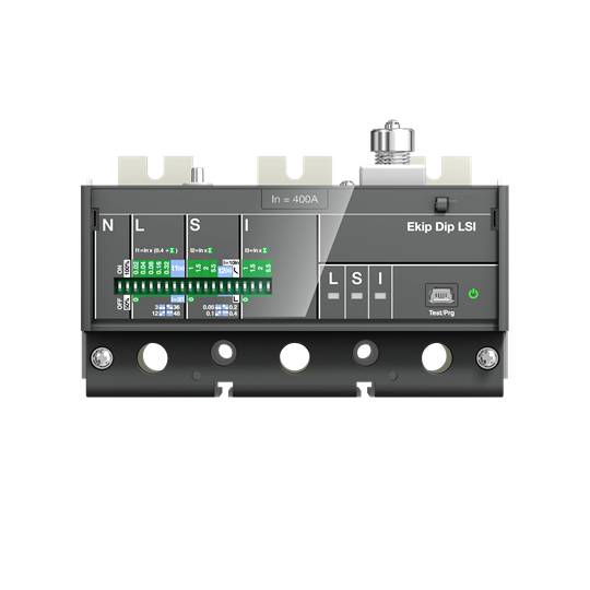Un Ekip Dip LSI interruttore automatico con un valore di corrente di 400A, mostra i connettori e gli elementi di controllo per le funzioni di protezione e comando.