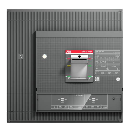Un interruttore di protezione grigio ABB, modello SACE Tmax, con posizioni 'on' e 'off'.