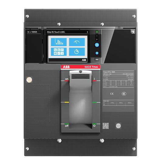 Un interruttore automatico ABB SACE Tmax grigio con display touchscreen blu in alto, che mostra simboli per il flusso di corrente e informazioni sullo stato.