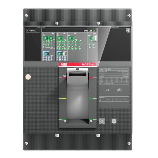 Un interruttore grigio con display digitale e leva di comando in posizione centrale, il marchio 'ABB' è visibile su sfondo rosso.